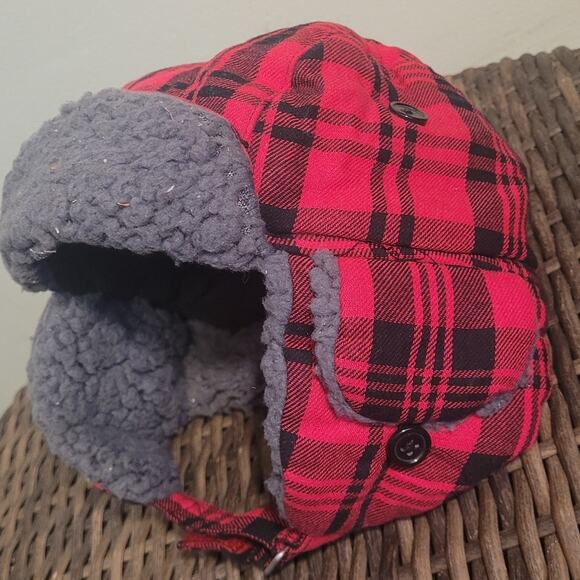 CHILDRENS PLACE Kids Trapper Hat Sz S/M 4/7 Red Plaid Sherpa Lined Winter - Picture 3 of 8